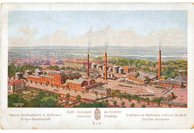 A Győri Szeszgyár és Finomító Rt. épületegyüttese egy korabeli képeslapon