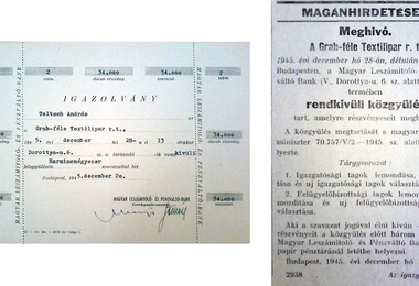 A Grab-féle Textilipar Rt. 1945. december 28-án tartandó közgyűlésének meghívója és részvényigazoló jegye